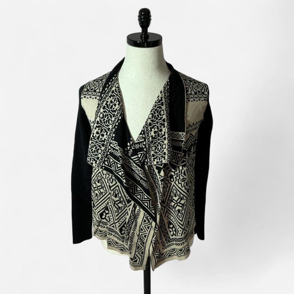 Lucky Brand Womens Geometric Tribal Print Open Front Draped Cardigan Tan Black M